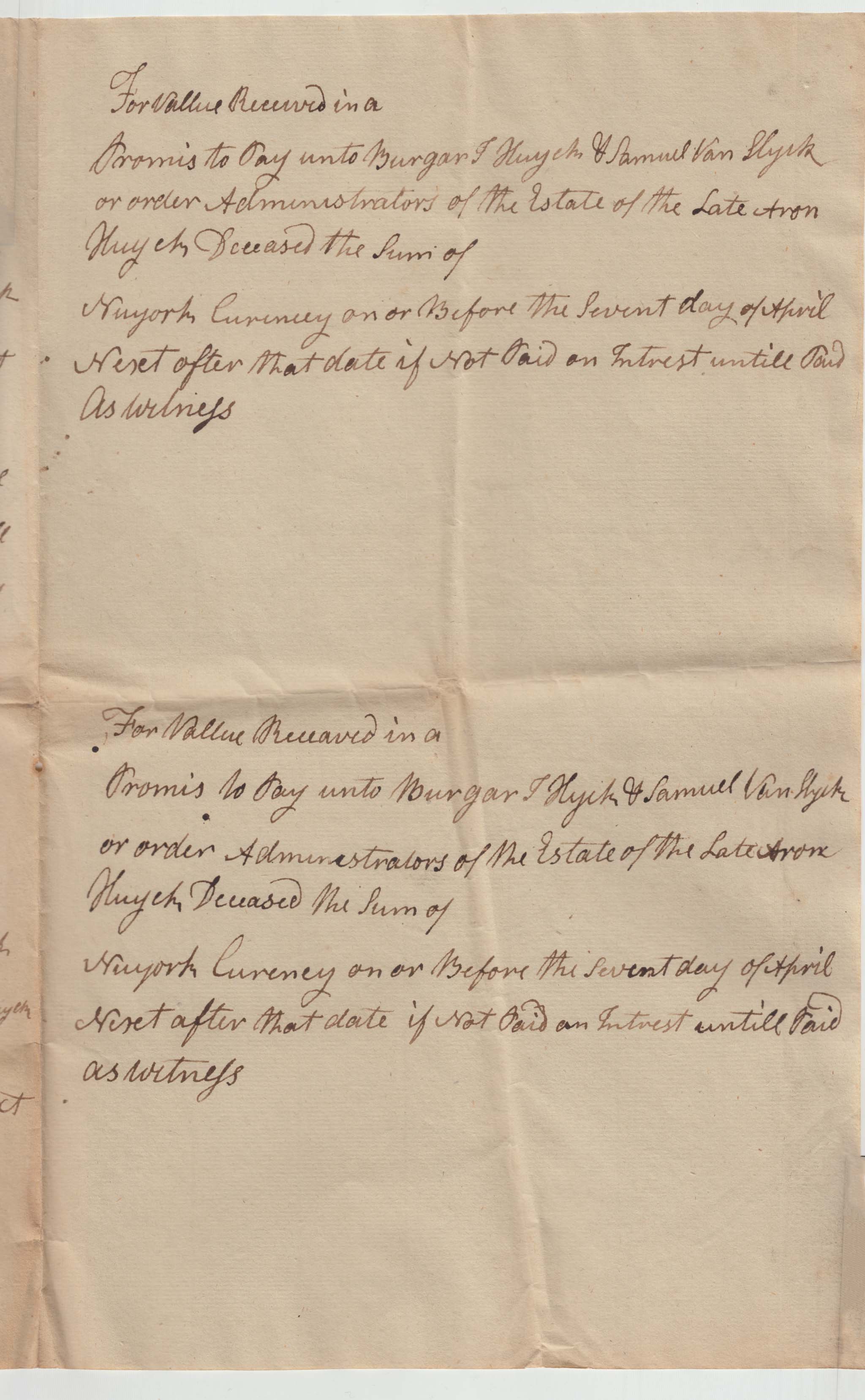 BH048, 1796-01-06 Promissory Note, 16 Blank Promissory Notes to Pay the Administrators of Aron Huyck's Estate